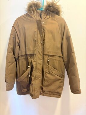 SHEIN Tan Hooded Puffer Coat with Faux Fur Trim
